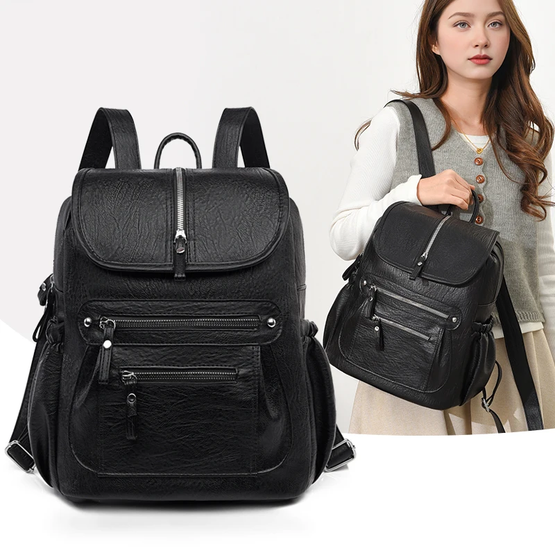 

Fashion Women’s Casual Backpack, Vintage PU Leather Large Capacity Backpack Multi-pocket Solid Color Lightweight Girl Handbags