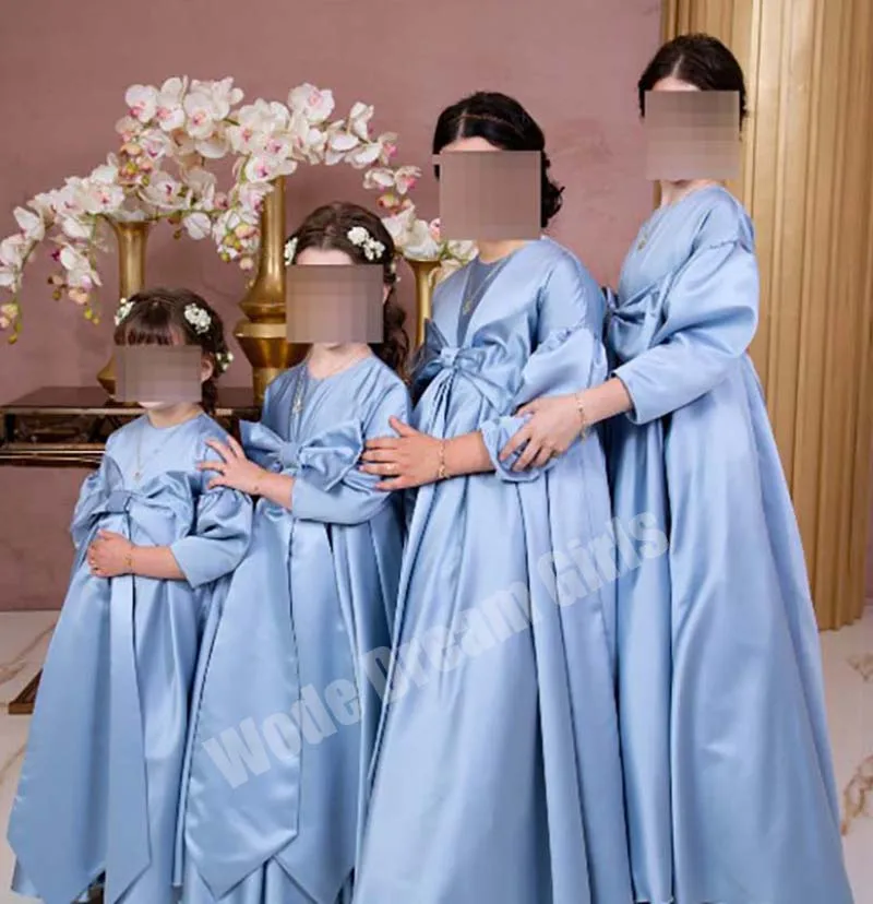 فساتين أنيقة لفتاة الزهور مطوي من الساتان لحفلات الزفاف للفتيات بأكمام بالونية فستان وصيفة العروس صغير بفيونكة فائقة للحفلات