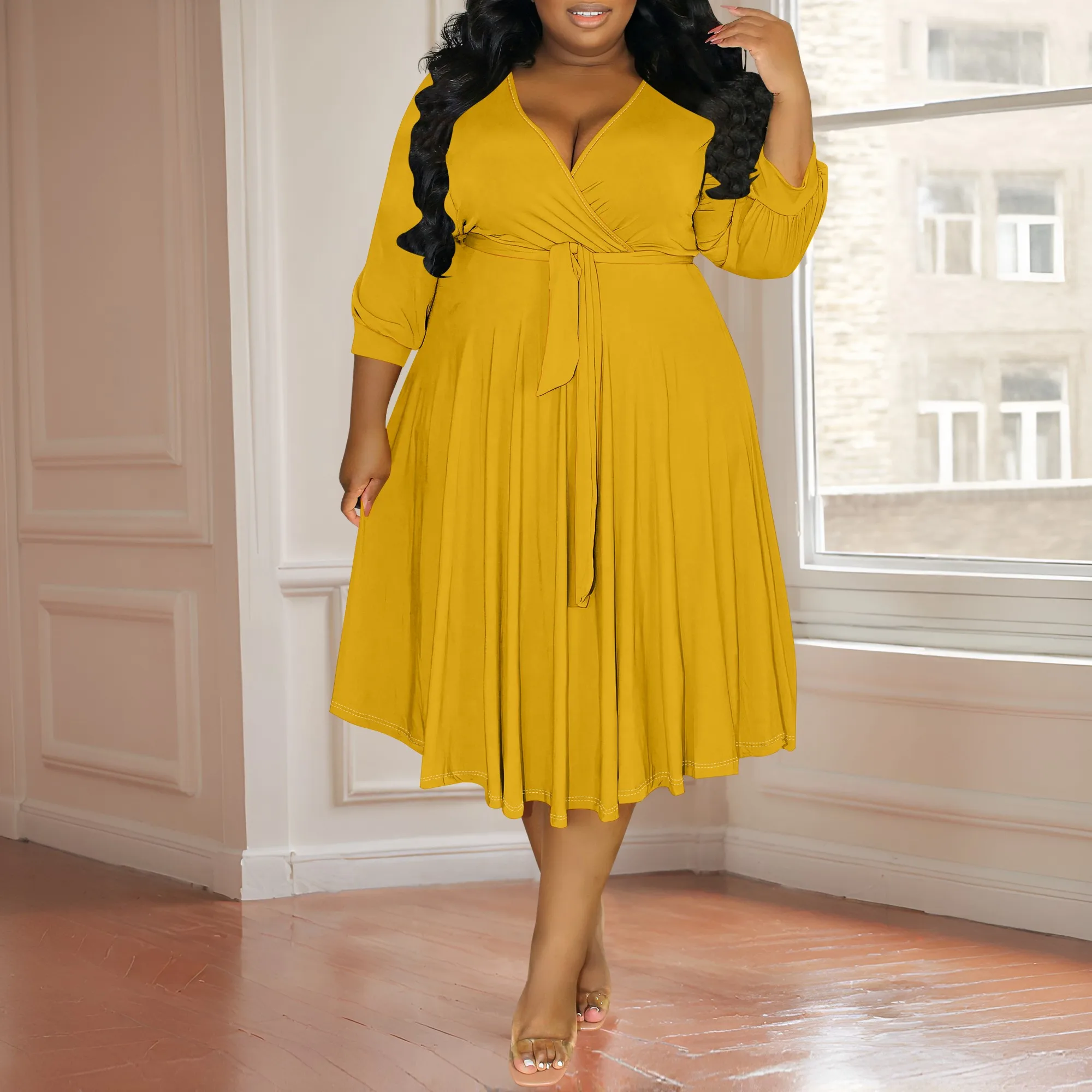 

Women's Wrap Dress Cocktail Church Wedding Midi Dress A-Line V Neck 3/4 Sleeve Casual Solid Color Dresses with Belt
