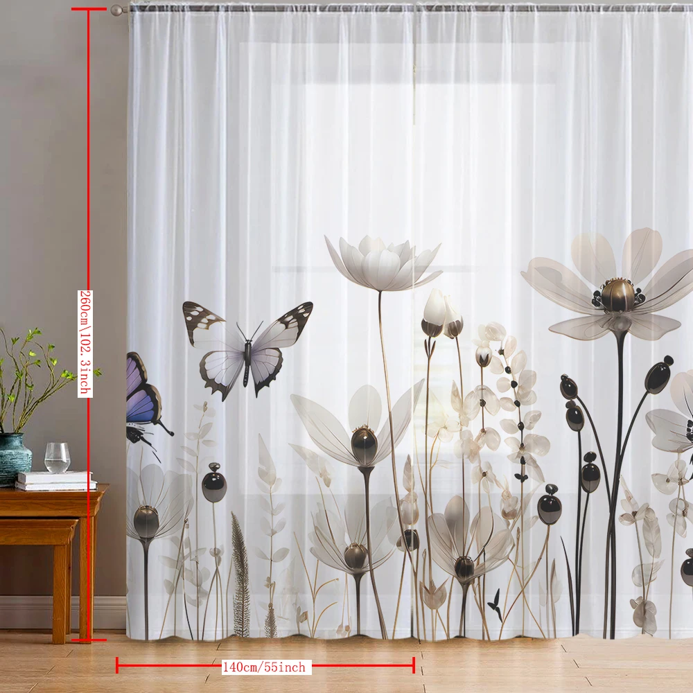 2PCS Home decoration khaki floral printed window screens with pole bags, suitable for kitchens, cafes, and living rooms