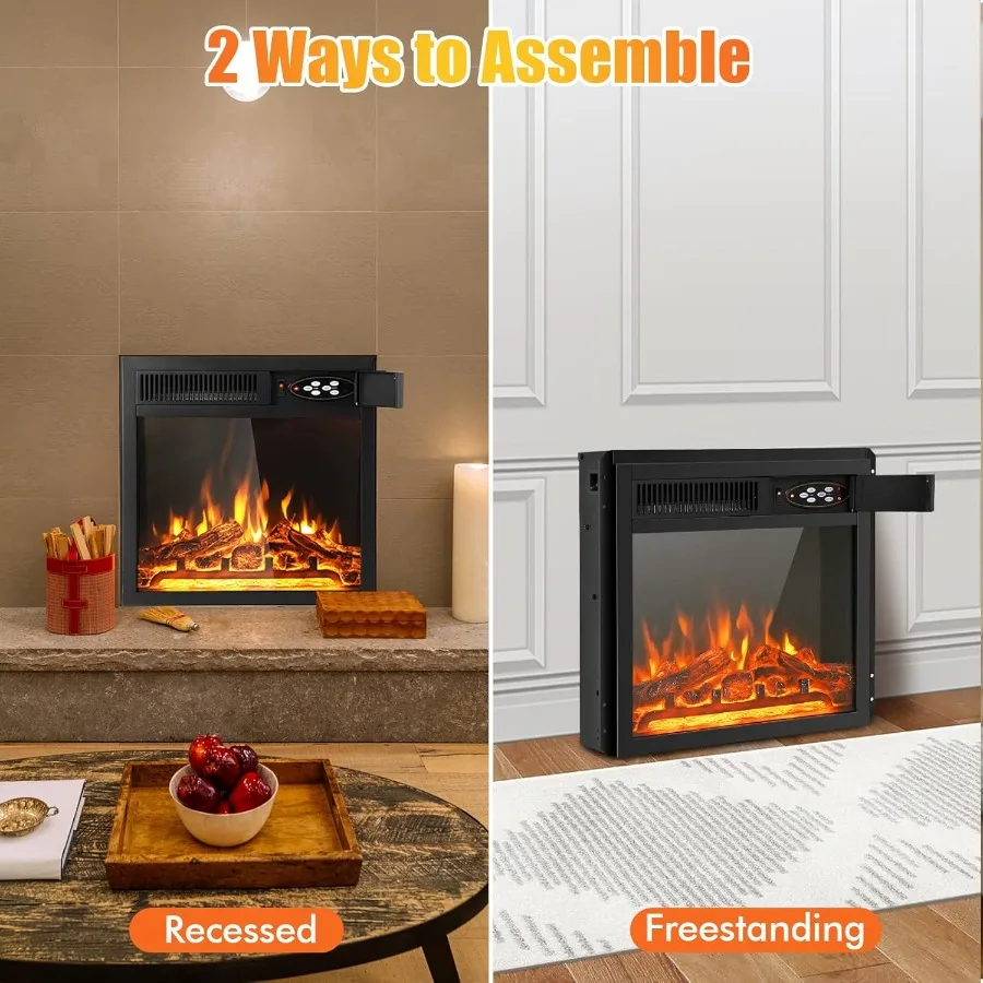 18 Inches Electric Fireplace Insert Recessed Fireplace Heater with 7-Level Adjustable Flame Brightness Remote Control Overheat