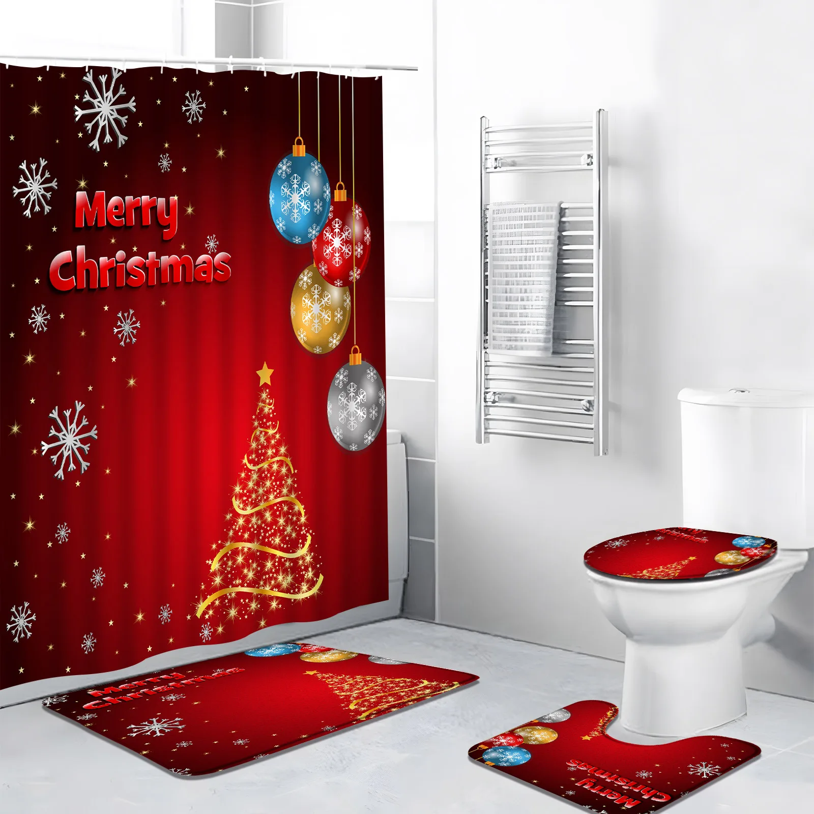 4pcs Christmas Shower Curtain Set with Rug Abstract Xmas Tree Cartoon Ball Snowflower Festive Theme Polyester Bathroom Decor Mat