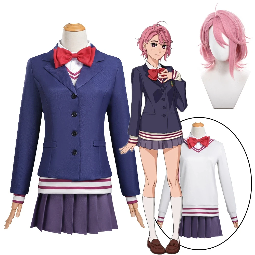 Image of Anime Dandadan Aira Shiratori Cosplay Kostüm Perücke Shiratori Aira Cosplay Schuluniform Frauen Disguise Blau JK Jacken Röcke