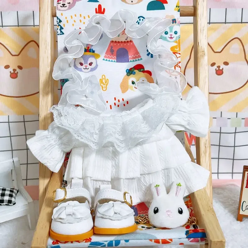 White pleated dress with lace headband 20cm set, 20cm baby clothes, star cotton doll dressing