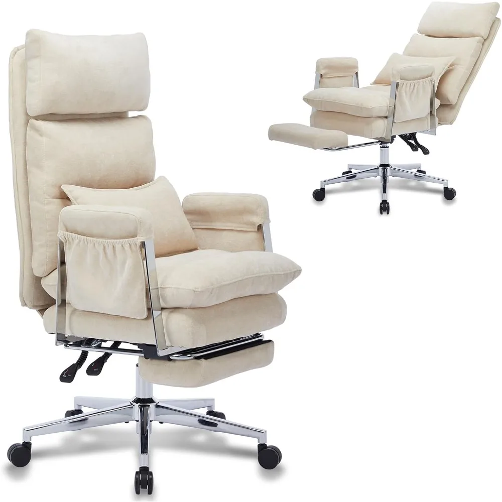 Full Stainless Steel Comfy Ergonomic Home Office Chair with Footrest, Cute Chenille Fabric High Back Reclining Chair