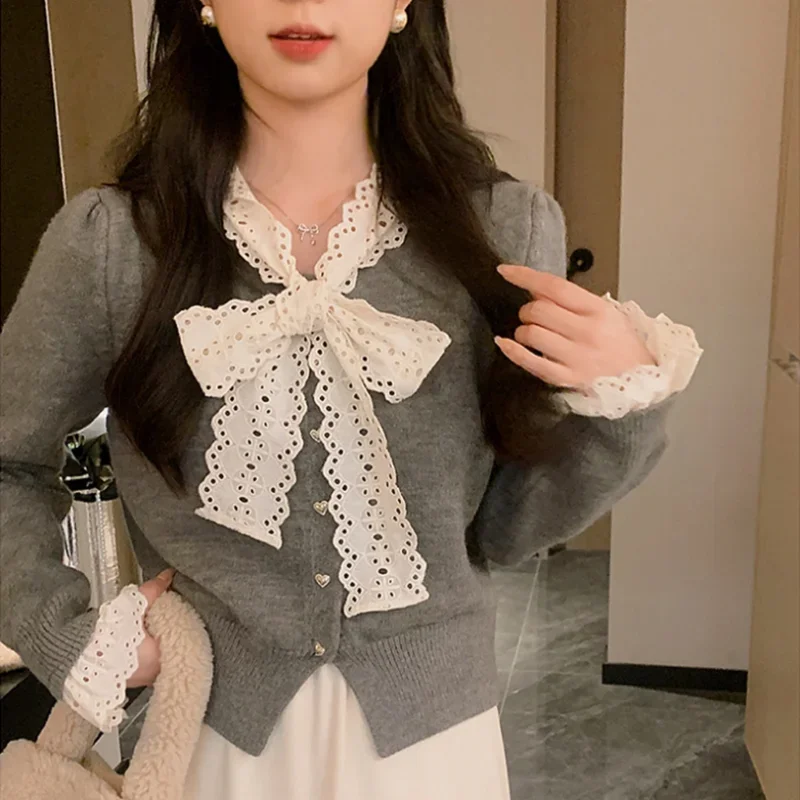 Suéter de encaje dulce para Mujer, abrigo con lazo, ropa de Mujer, suéter de punto liso con cuello redondo, abrigo Vintage coreano para Mujer