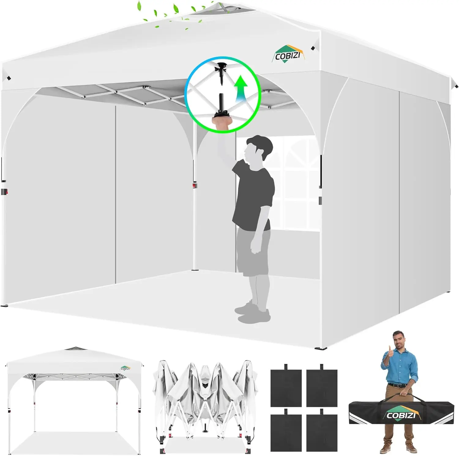 

10x10 Pop Up Canopy Tent with One Push Button, Air Vent, Sidewalls & Reflective Strip - White