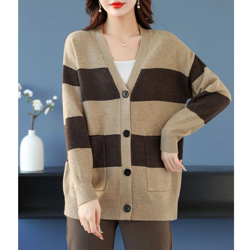 Clothes for Women 2024 Autumn Winter Vintage Striped Button Knitted Cardigan Korean Simple V Neck Long Sleeve Loose Sweater Coat