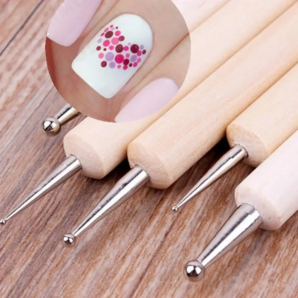 5 Stks/set Pro 2-weg Houten Nail Art Puntjes Dot Pen Schilderij Diy Manicure Tool Nail Art Pen