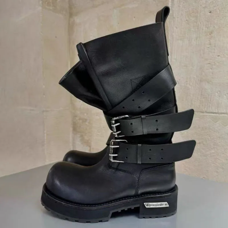 

Leather Belt Buckle Knight Boots Knee High Cool Girl Boots Big Toe Thick Sole Motorcycle Boots Round Toe Platform Casual Shoes