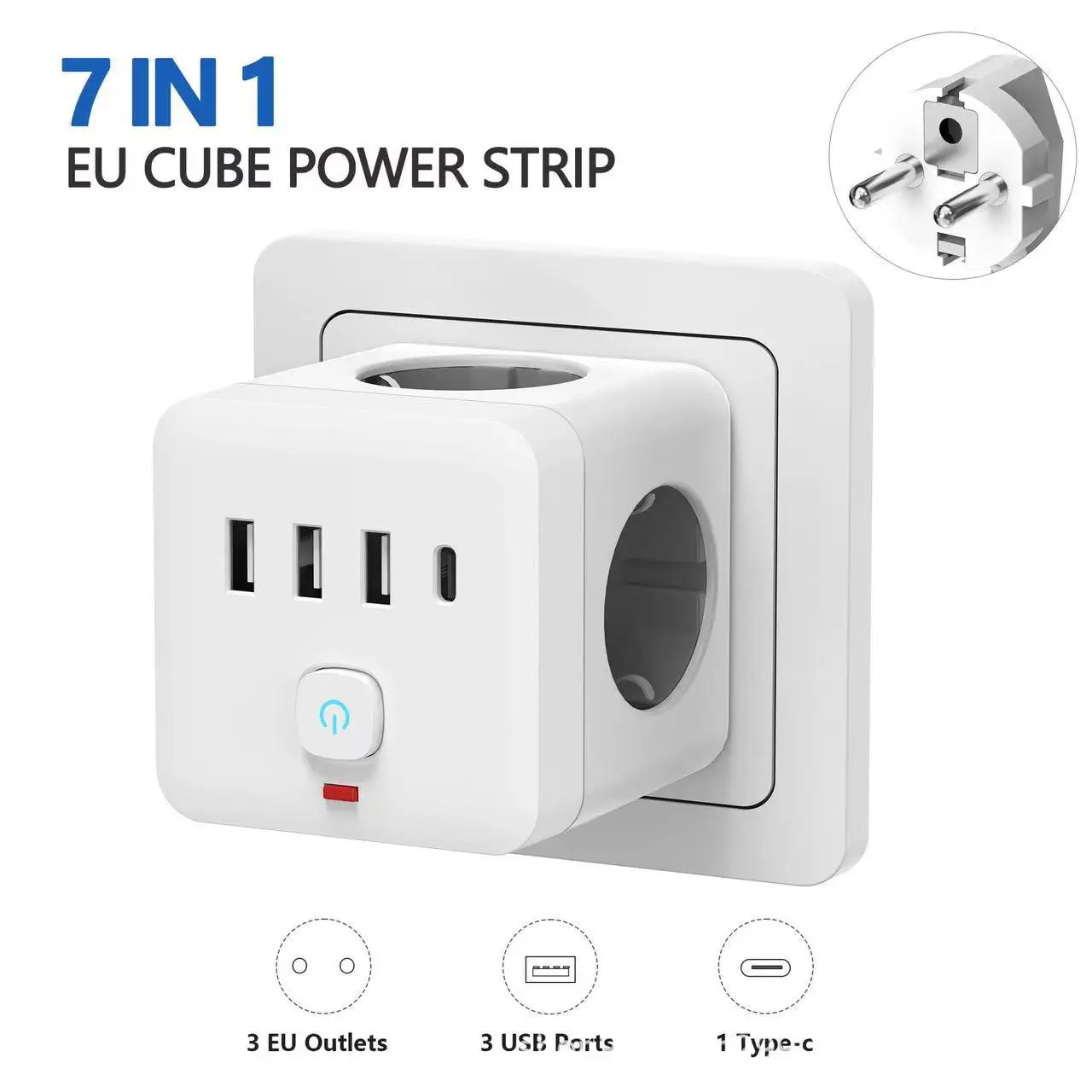 

7-in-1 Multi-Outlet Switch, Power Outlet with Overload Protection, 3 USB and 1 Type-C, 3 Outlet Splitters, Surge Protected Outle