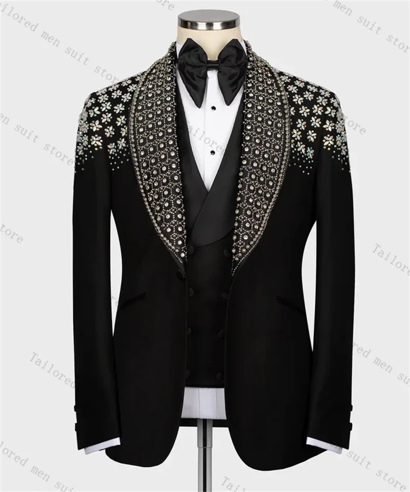 الفاخرة بلورات الرجال الدعاوى فستان أطفال مع سروال داخلي 2 قطعة السترة السوداء + بنطلون القطن الزفاف البدلات الرسمية حفلة موسيقية سترة رسمية زر واحد معطف الزي