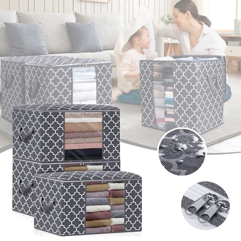 

Foldable Clothes Storage Bag Waterproof Large Capacity Wardrobe Organizer with Clear Window Handle for Blanket Quilt Bedding