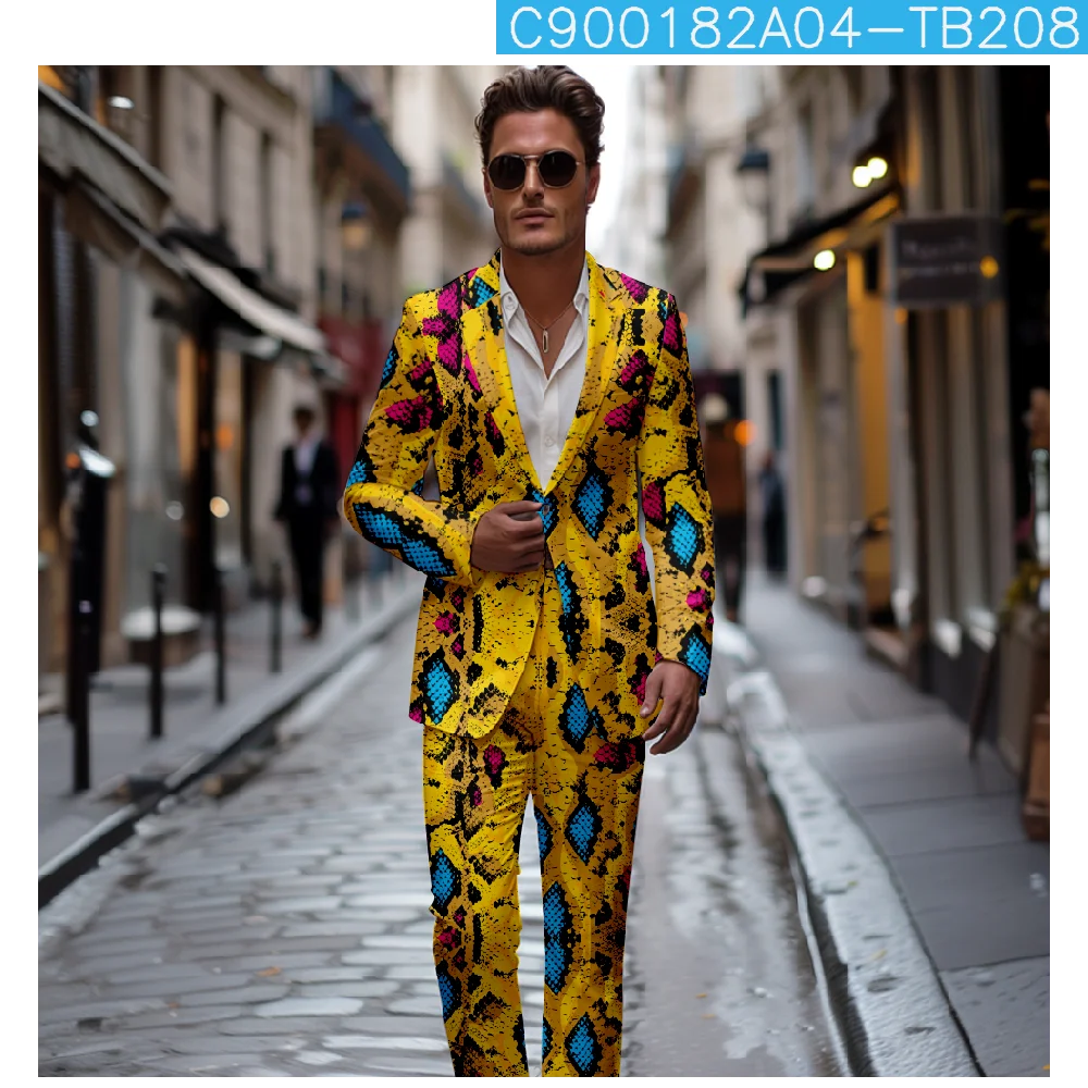الأصفر الأفعى قميص رجالي الدعاوى ثلاثية الأبعاد طباعة Harajuku الرجال Casuan الرجال التلبيب كم طويل قميص السراويل الطويلة قطعتين مجموعة مخصصة