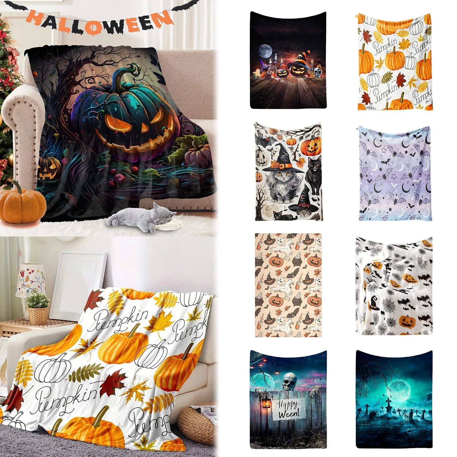 

Cute Pumpkin Ghost Plush Blanket Lightweight Throw Blanket Soft Cozy Sofa Bed Blanket Kids All Season Multi-style Halloween Gift