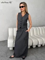 Mnealways18 Gray Pleated Skirts Suits Women Elegant Blazers Vest And Cargo Skirts Two Pieces Sets Summer Office Ladies Outfits