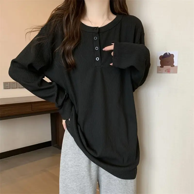 Casual Simplicity Bottoming Top Spring Autumn New Long Sleeve O-neck Loose Solid Color T Shirts Fashion Korean Women Clothing