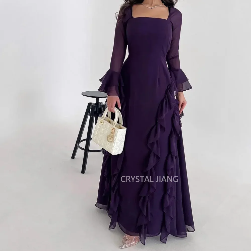 Classy Long Purple Square Collar Chiffon Saudi Evening Dresses Full Sleeves A Line Pleated Floor Length Robes De Soirée