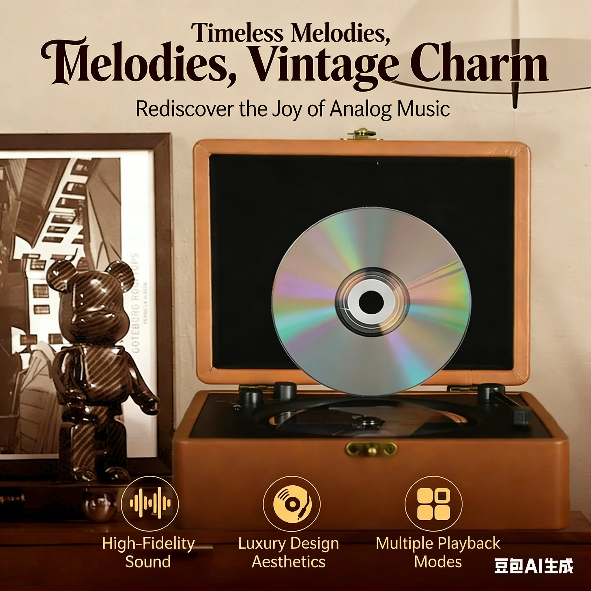

Vintage 3-in-1 Music Player: Portable CD & Vinyl Record Player with Wireless Bluetooth, Rechargeable Home Audio Speaker