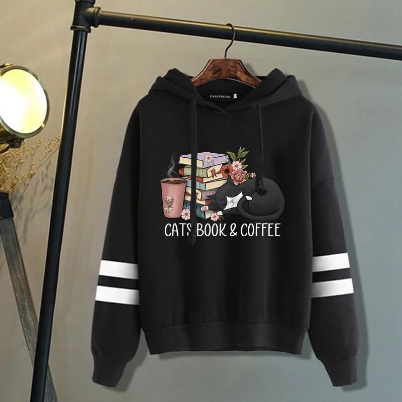 New Cats Book Coffee Letter Print Hooded Fashion Women Girl Sweatshirt Long Sleeve Casual Tops Harajuku Sweatshirt