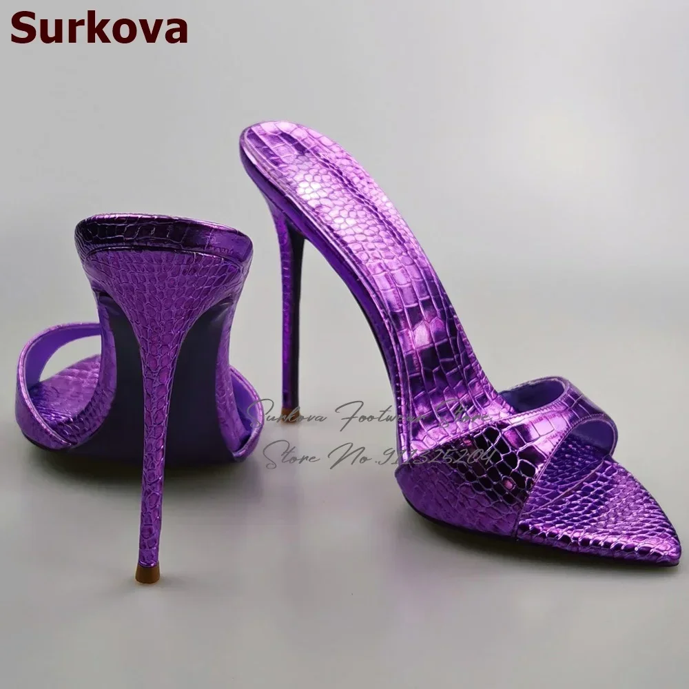 Surkova Purple Gold Crocodile Stiletto Heel Slippers Pointed Toe Slip-on Sandals Snakeskin Sexy Dress Shoes Pink Red Size46