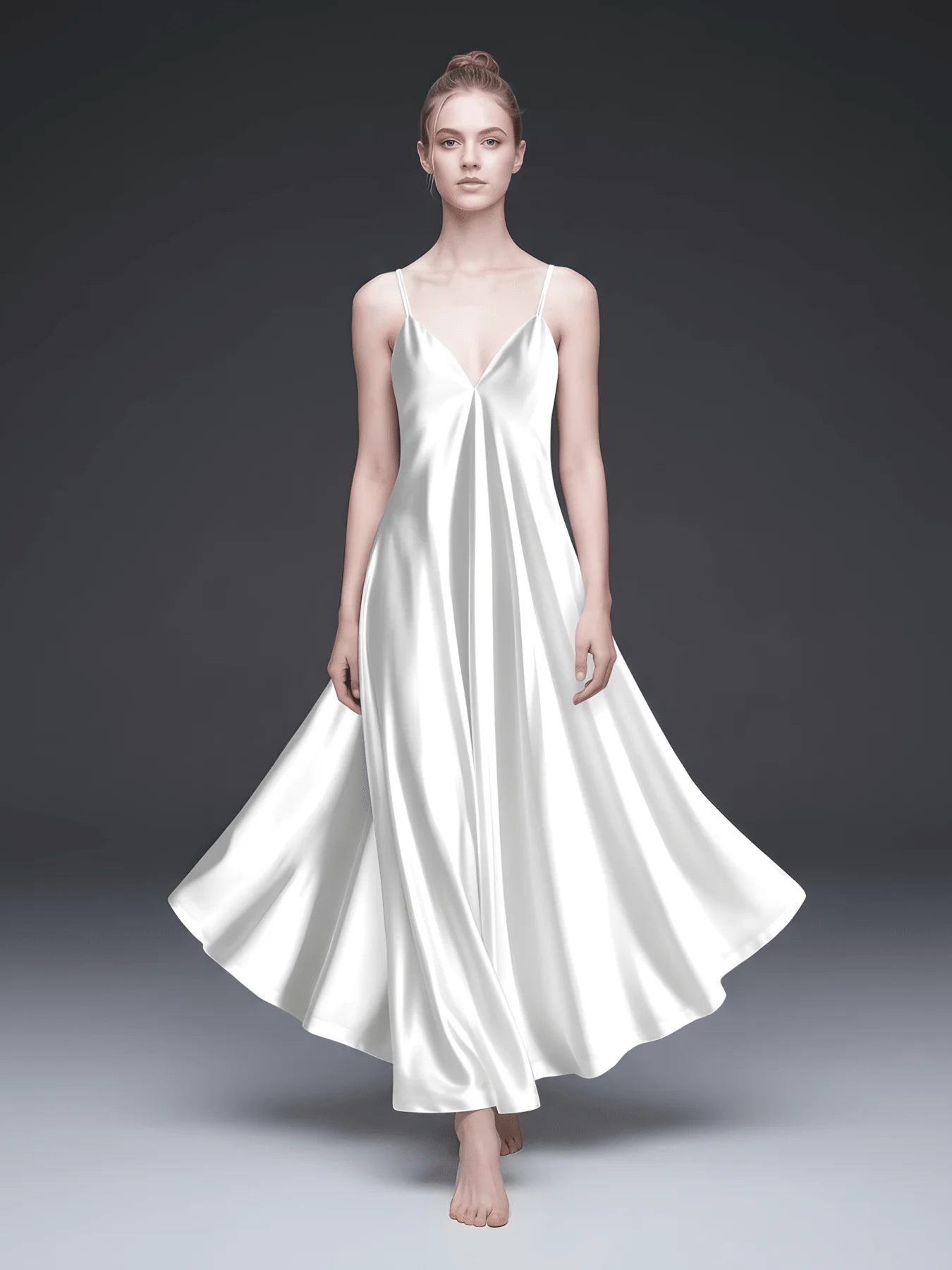 

White Satin Slip Dress V Neck Spaghetti Strap Long Flowy Evening Gown