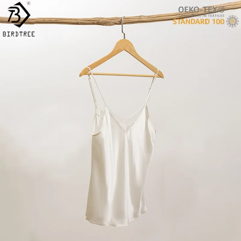 Birdtree, OEKO-TEX, 19MM 100% Real Silk Solid Tank Top, Woman's Adjustable Sling Lace Basics Vest, 2026 Autumn New T69516JF