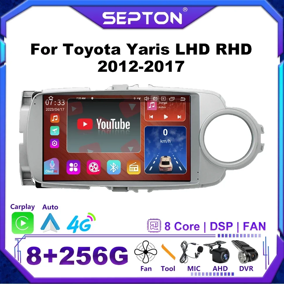 

SEPTON 8+256G Wifi Android 12 Car Radio for Toyota Yaris LHD RHD 2012-2017 Car Multimedia Video Player Carplay GPS 4G 8core