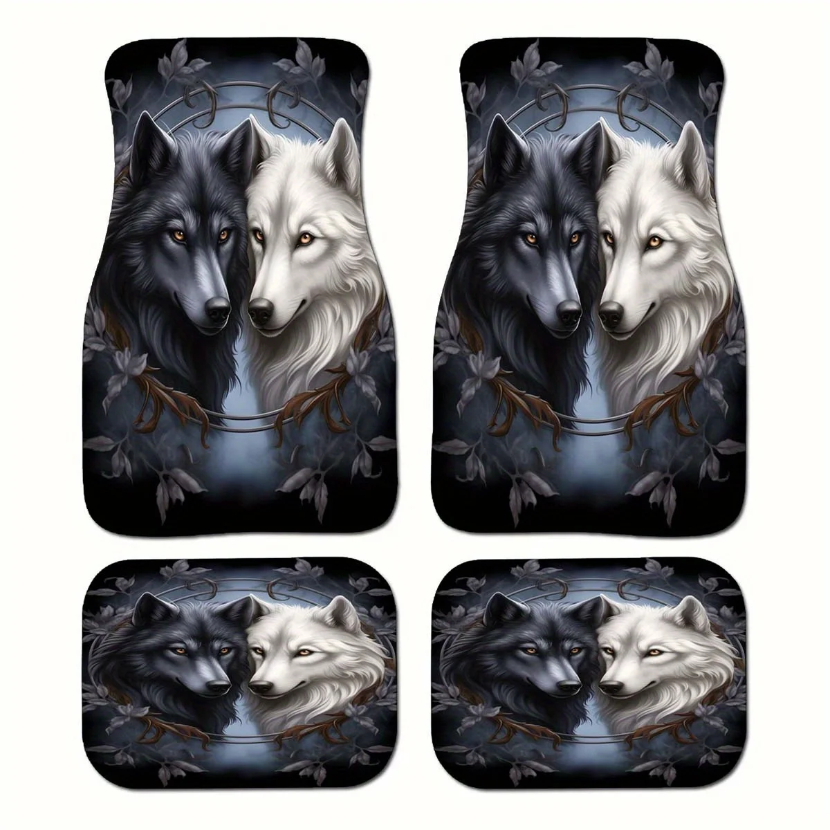 

4pcs Set Black & White Wolf Pack Car Floor Mats - Crystal Velvet All-Weather Fit (Front/Rear) For Sedans, Trucks, SUVs - Wolf Ho