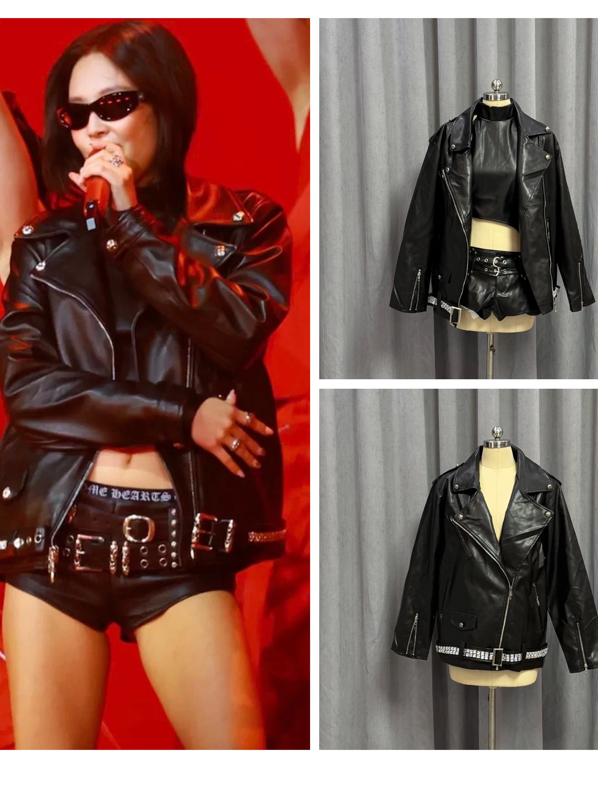 

Модное женское кожаное пальто-куртка из ПУ с воротником, декорированным стразами, и поясом на молнии, в стиле сценического костюма Дженни