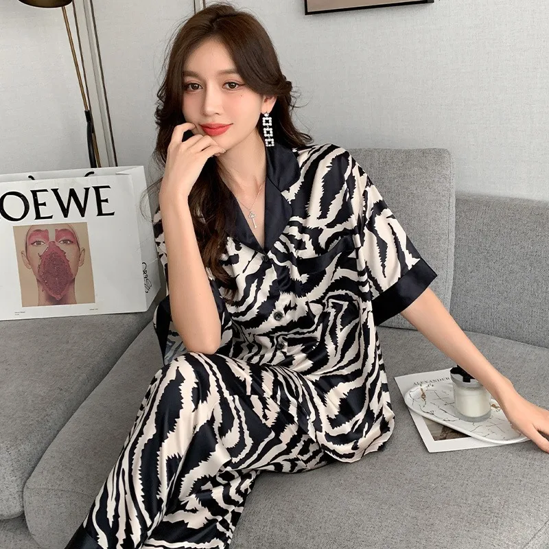 Pajamas Women\'s Spring and Summer Short-Sleeved Long Pants Pajamas Zebra Grain Silk Short-Sleeved Long Pants Home Wear Suit
