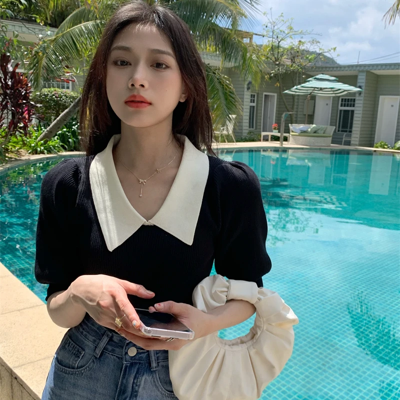 Chic Hit Color Peter Pan Collar Knitted Pullover T Shirt Summer Puff Short Sleeve Sweaters Tops Sweet Fresh Sweater Women