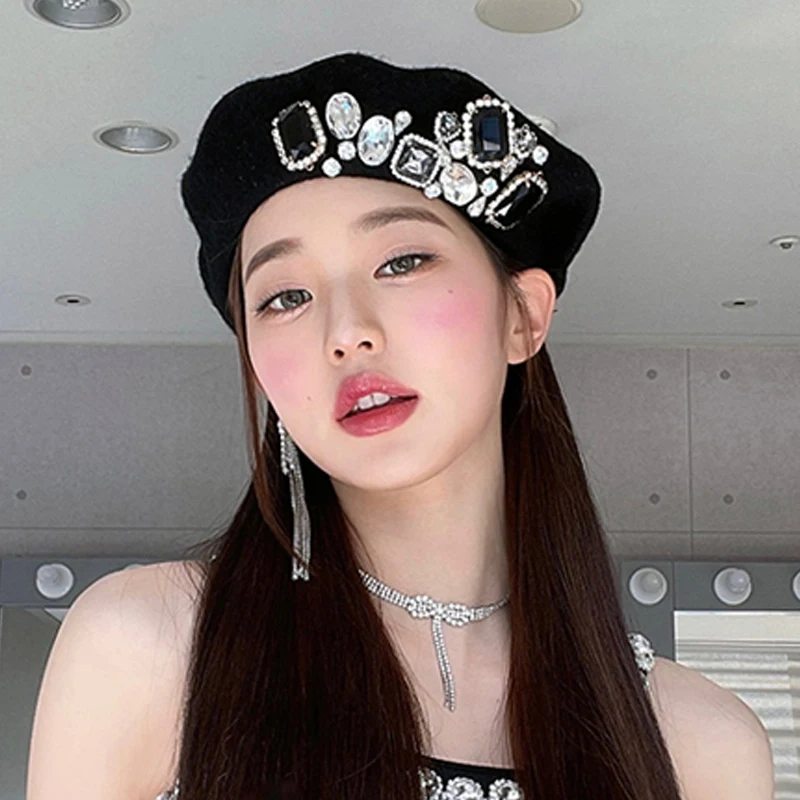 Korea Luxury Rhinestone Shiny France Berets for Women Pearlised Party Artist Hat Thick Warm Popular Black Winter Painter Hat