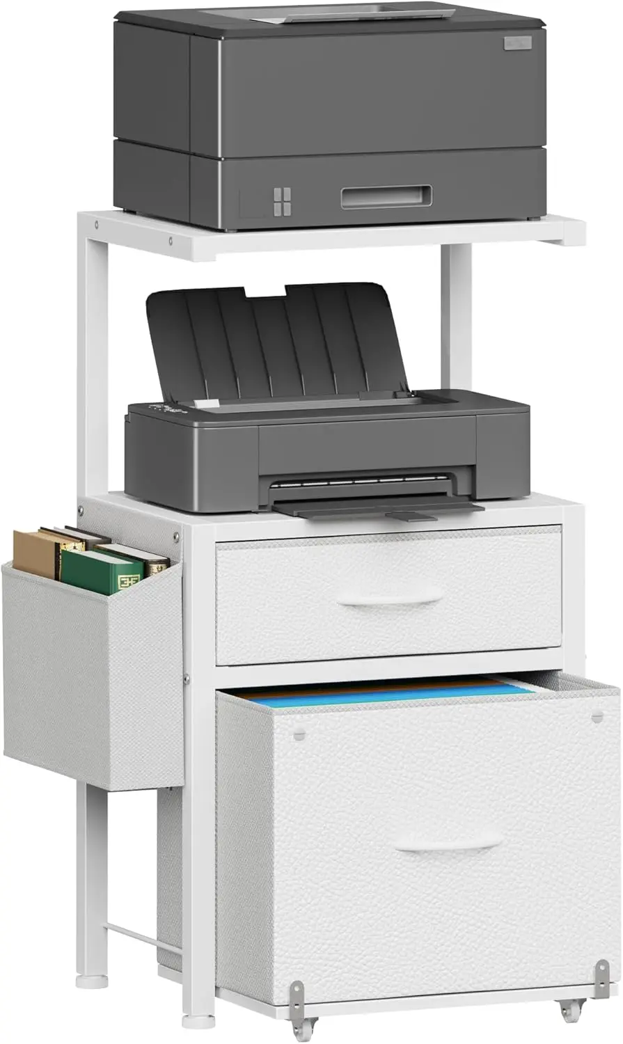 

2-Tier Printer Stand with Storage, File Cabinet with Drawers for Home Office, White, 16.5" W