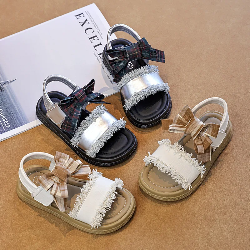 Mumoresip Girls School Sandals Fashion Tassel Plaid Bow Children's Summer Sandals Open-toe Causal Kids Platform Dress Sandals