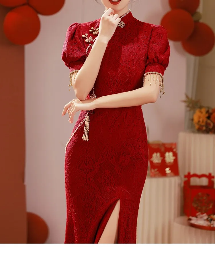 

Burgundy Banquet Dress Elegant Split Qipao Women Sexy Lace Flower Cheongsams Slim Chinese Dress Vintage Mandarin Collar Vestidos