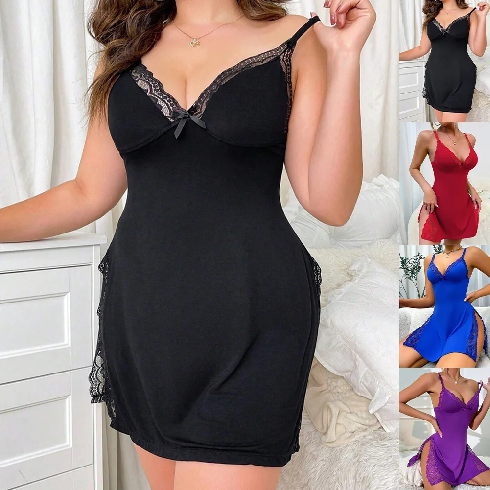 

Женская ночная сорочка с кружевной отделкой, разрезом и V-образным вырезом, платье для сна, пижама с контрастным оборчатым подолом