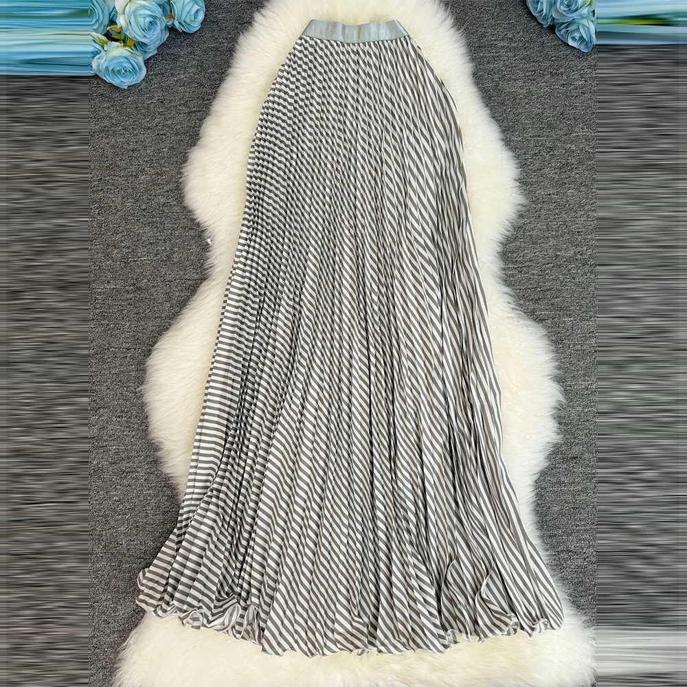 2026 New Polka Geometry Chiffon Pleated Skirt Women Casual Elastic Waist A-line Big Swing Boho Beach Long Skirt