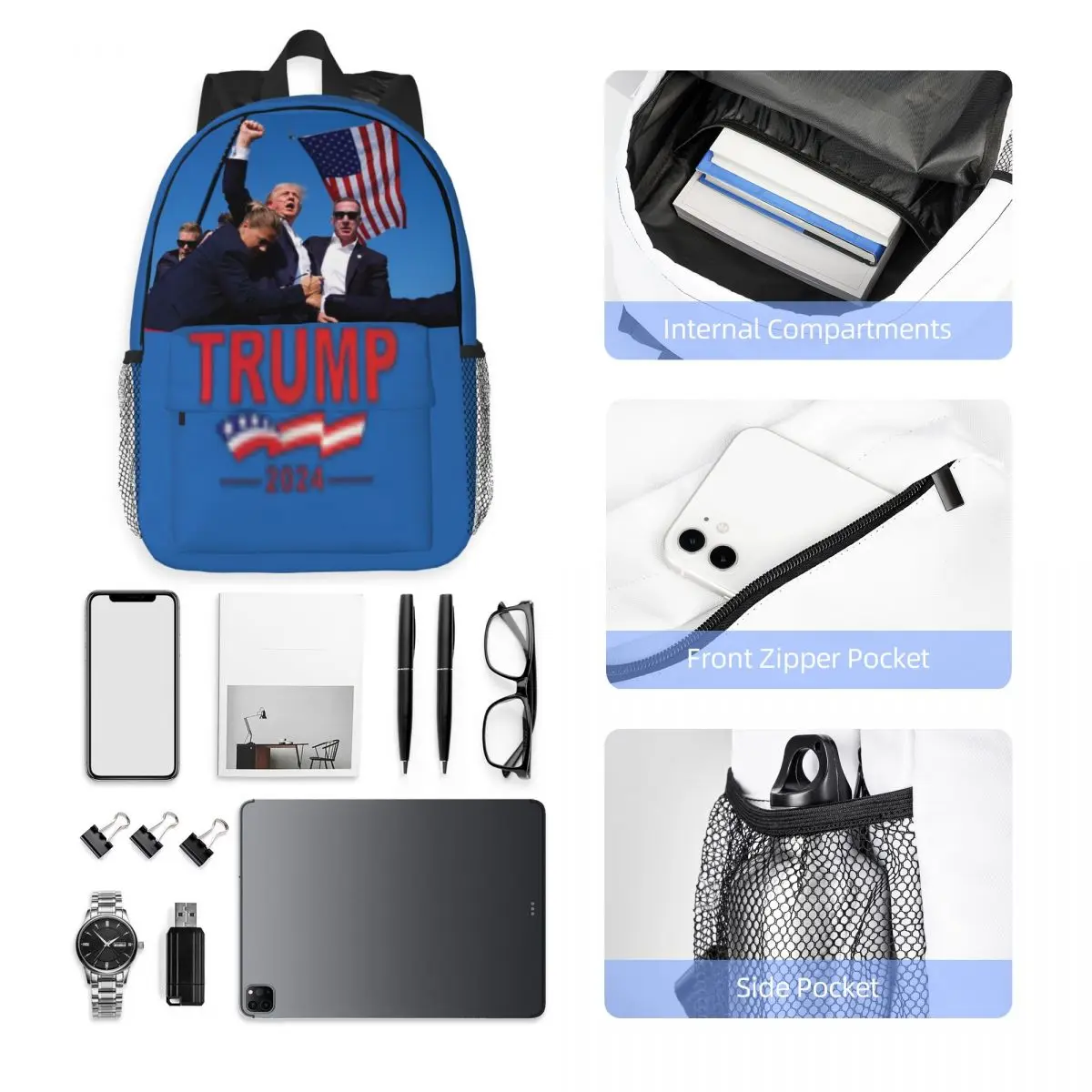 TRUMP-Cartoon School Backpack for Girls, Kids, Boys, Big Capacity Student Backpack, Shooting Makes Me Stronger, 15in, 2024