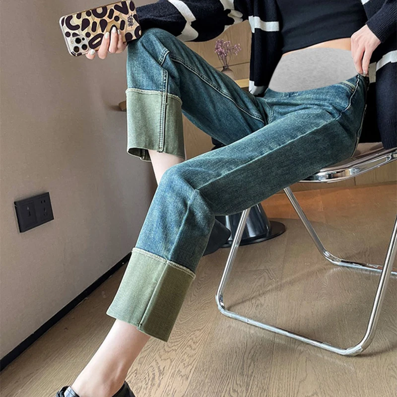 

2024 Spring Maternity Empired Belly Jeans Block Color Patchwork Pregnant Woman Denim Trousers Vintage Pregnancy Long Pants M-3XL