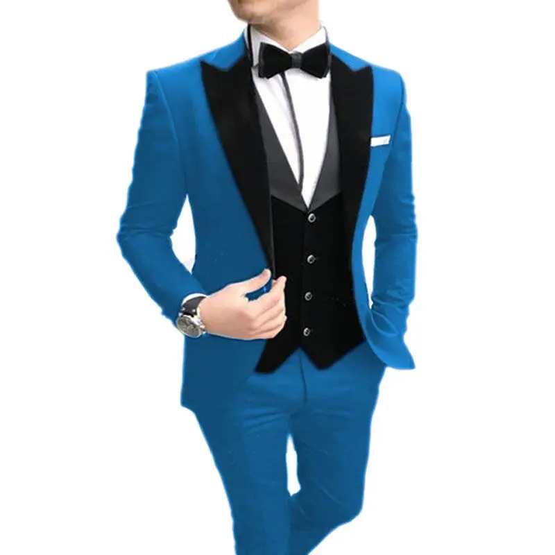 

Blue Men's Wedding Suit Slim Fit 3-Piece Peak Lapel Jacket Vest Pants Set Best Man Groomsmen Formal Business Wear Men Clothes