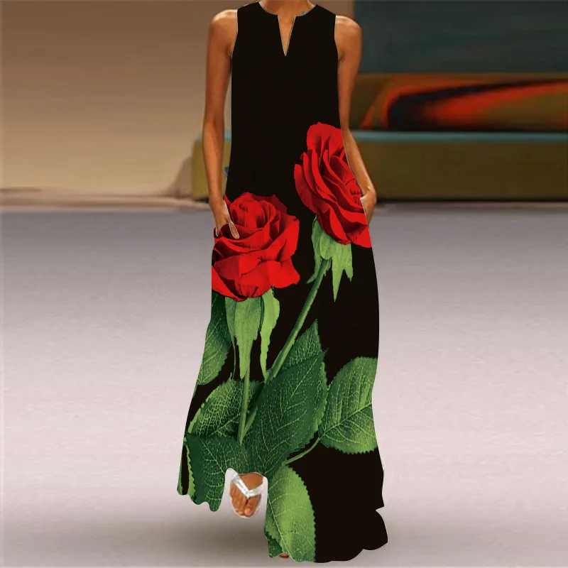 

Summer Red Rose Print Maxi Dress For Women New Elegant V Neck Sleeveless Pocket Loose Beach Party Long Sundress Vintage Vestidos