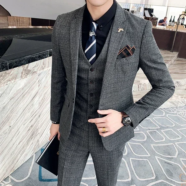 S-6XL ( Blazer + Vest + Pants ) Brand Men\'s Formal Business Suit Three-piece Set Groom Wedding Party Dress Solid Color Plaid