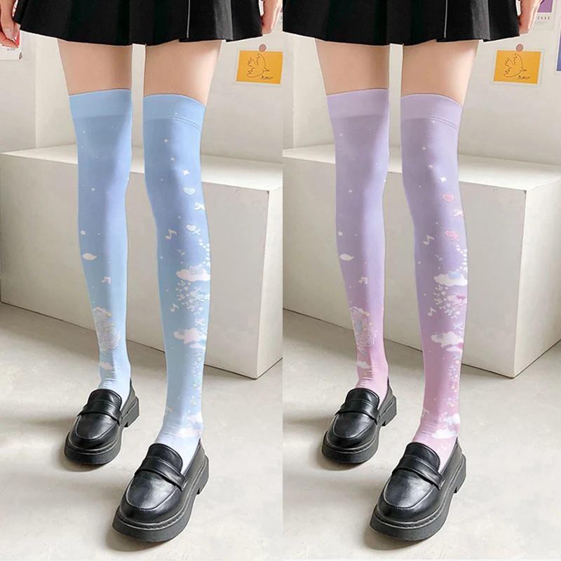 Nowe pończochy samonośne moda damska Harajuku Gradient różowy niebieski Kawaii Lolita JK dziewczyny Sexy pończochy urodziny prezenty чулки