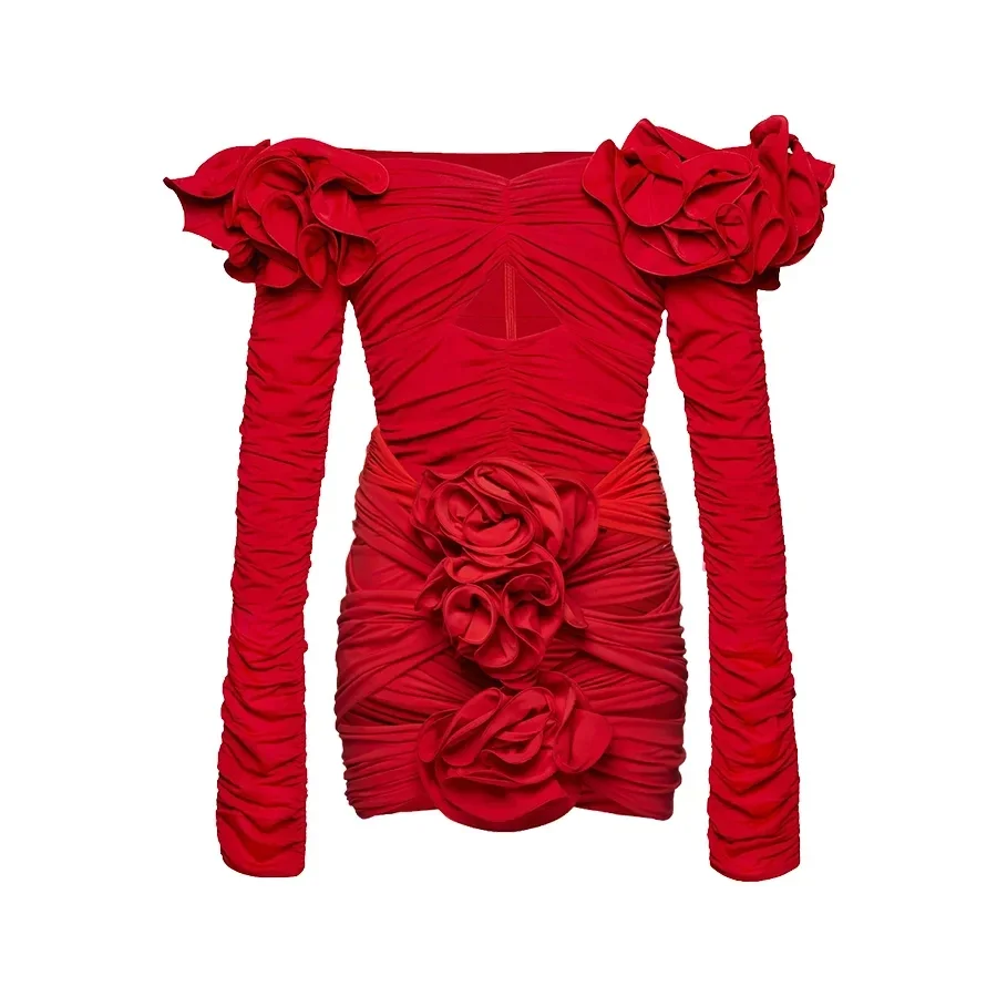 2023 New Fashion  Red Off Shoulder 3D Flower Long Sleeve One Piece Swimsuit and Skirt Summer Swimwear Women Beachwear Bathing Su