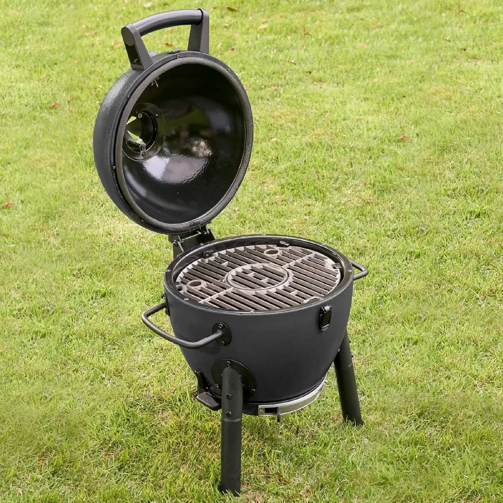 

Portable charcoal barbecue and smoking stove with cast iron grate and lock cover, ash 155 square inches, model E86714