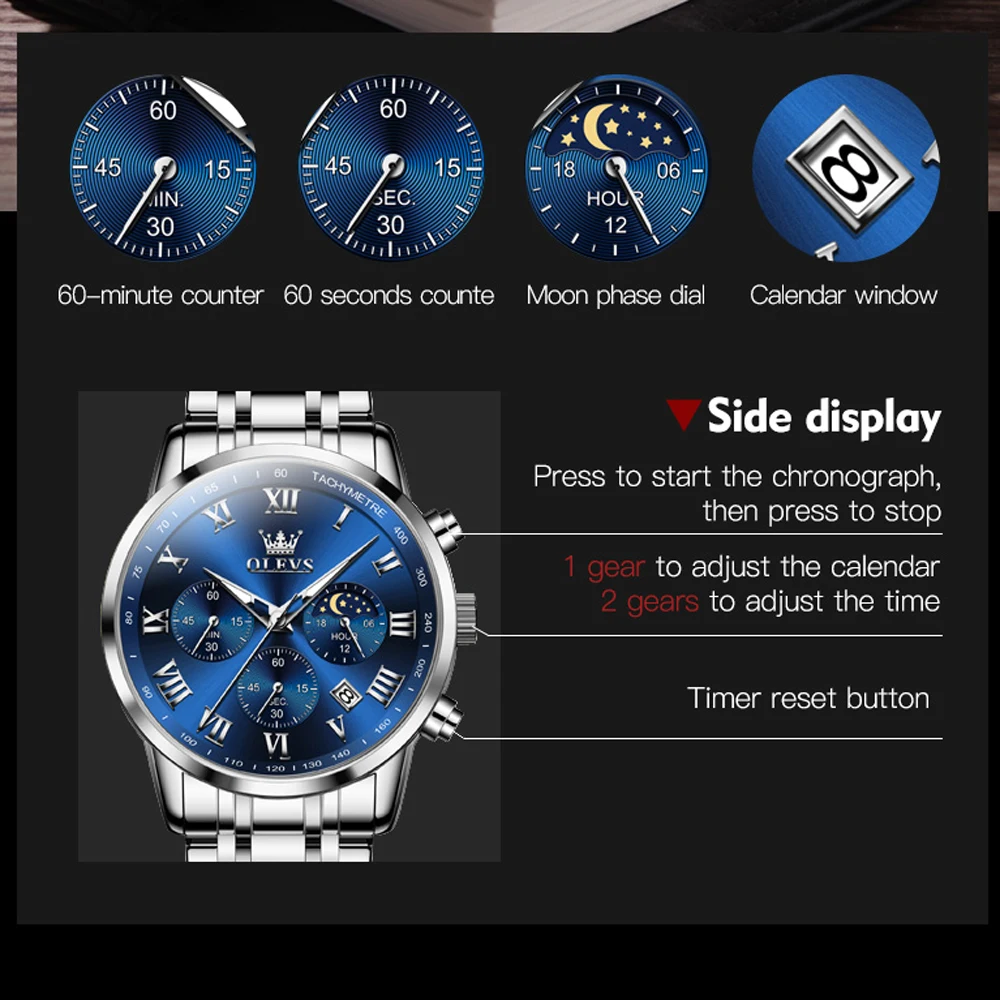 2024 OLEVS Top Brand Men\'s Watches Luxury Silver Blue Quartz Wristwatch Waterproof Luminous Moon Phases Watch for Men Date Clock