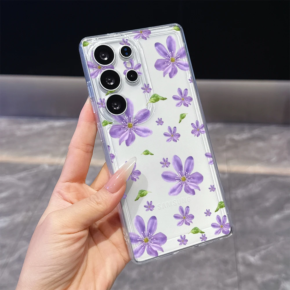 Purple Floral Pattern 1 Shockproof Transparent Soft TPU Case For Samsung S26 S25 S24 FE Plus A54 A57 Anti Scratch Back Shell