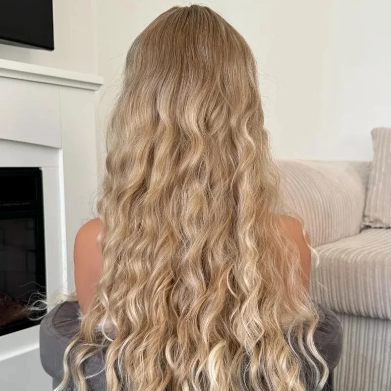 

Water Wave Medium Blonde Lace Front Wig Natural Heat Resistant Synthetic Wig With 13 × 4 Lace Long Wig Wavy Hair Wig For Women