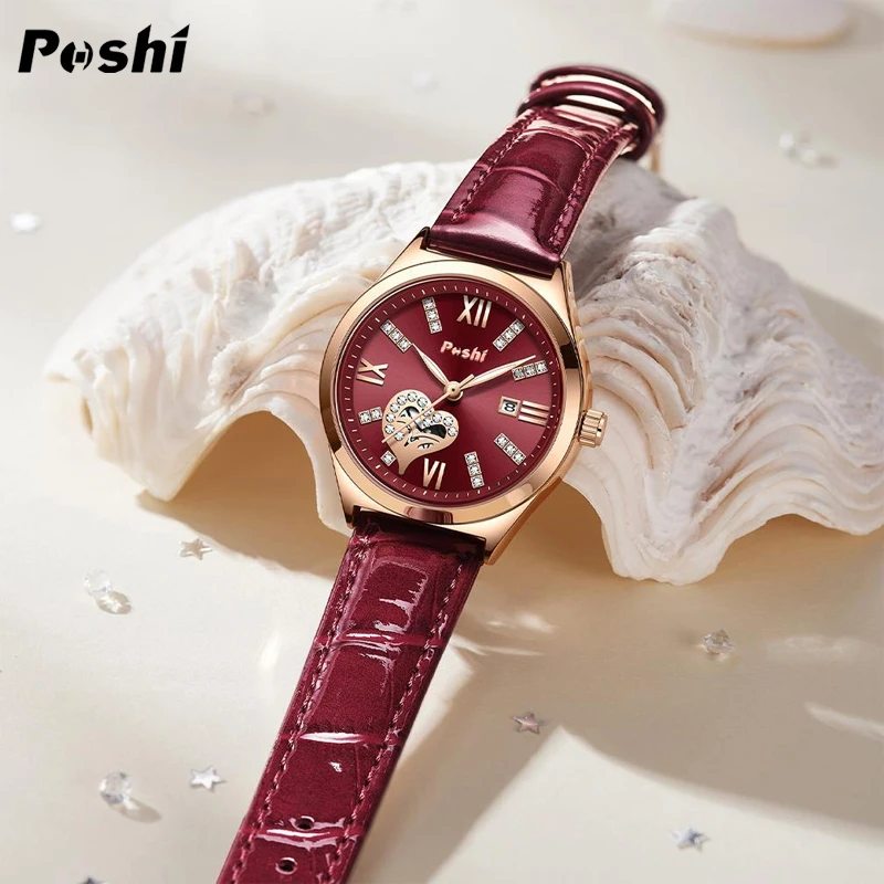 

POSHI Women Watches Fashion Leather Romance Red Dial Luxury Ladies Watch Waterproof Quartz Date Original Brand Wristwatch Swiss